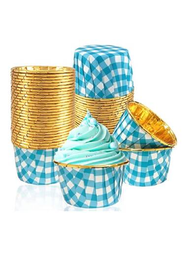 Dolphin Muffin Kek Kapsülü Kare Desenli Mavi-Altın 25 Adet