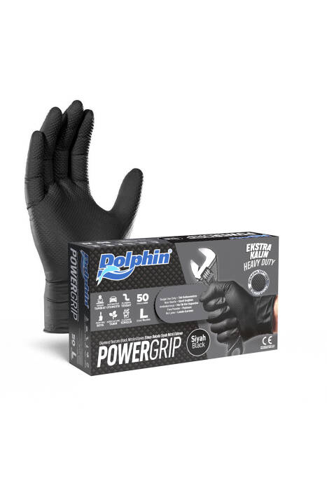 Dolphin PowerGrip Ekstra Kalın Siyah Nitril Eldiven Elmas Dokulu L Beden 50 Adet - 1