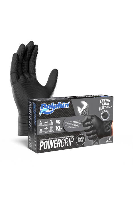 Dolphin PowerGrip Ekstra Kalın Siyah Nitril Eldiven Elmas Dokulu XL Beden 50 Adet - 1