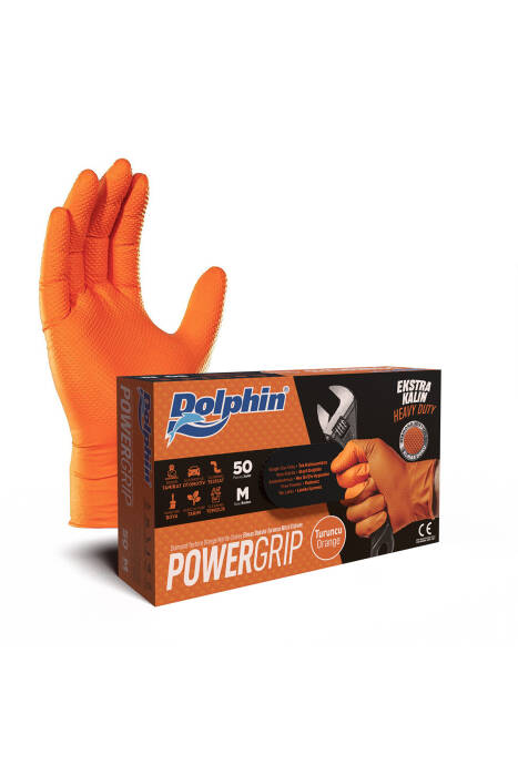 Dolphin PowerGrip Ekstra Kalın Turuncu Nitril Eldiven Elmas Dokulu M Beden 50 Adet - 1