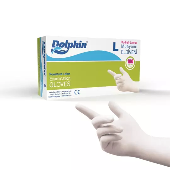 Dolphin Pudralı Lateks Muayene Eldiveni Beyaz L Beden 100 Adet -MDR