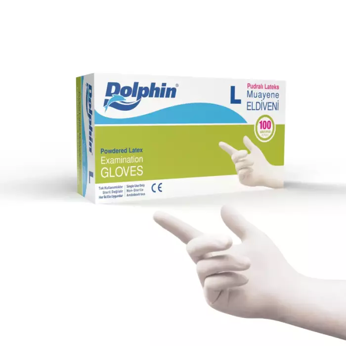 Dolphin Pudralı Lateks Muayene Eldiveni Beyaz L Beden 100 Adet -MDR - 1