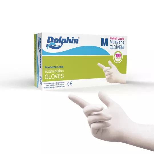 Dolphin Pudralı Lateks Muayene Eldiveni Beyaz M Beden 100 Adet -MDR