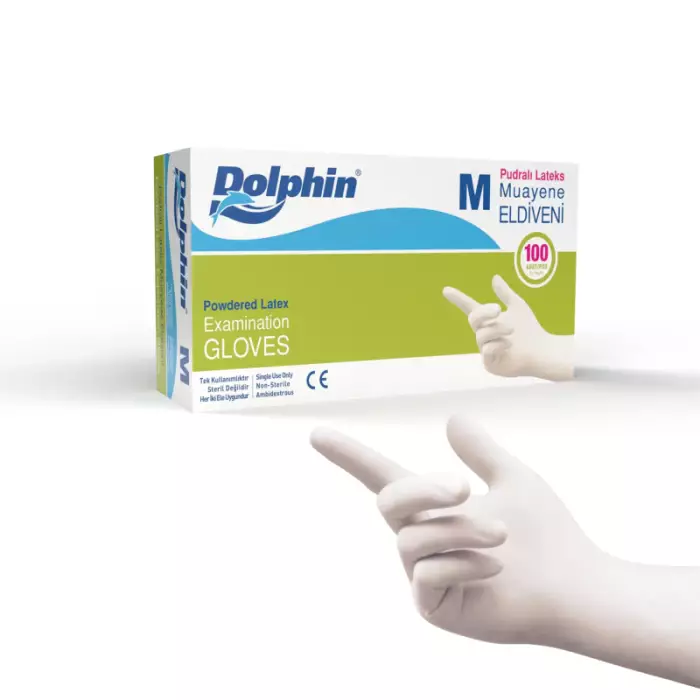Dolphin Pudralı Lateks Muayene Eldiveni Beyaz M Beden 100 Adet -MDR - 1