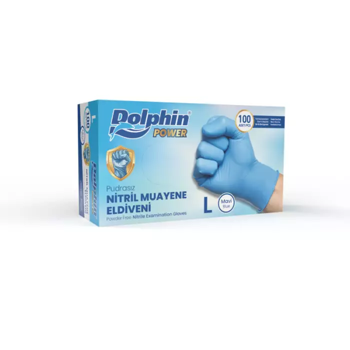 Dolphin Pudrasız Kalın Mavi Nitril Muayene Eldiveni L Beden 100 Adet -MDR - 1