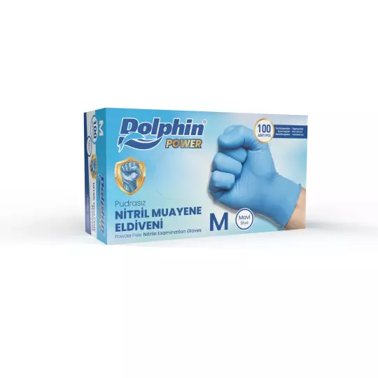 Dolphin Pudrasız Kalın Mavi Nitril Muayene Eldiveni M Beden 100 Adet -MDR