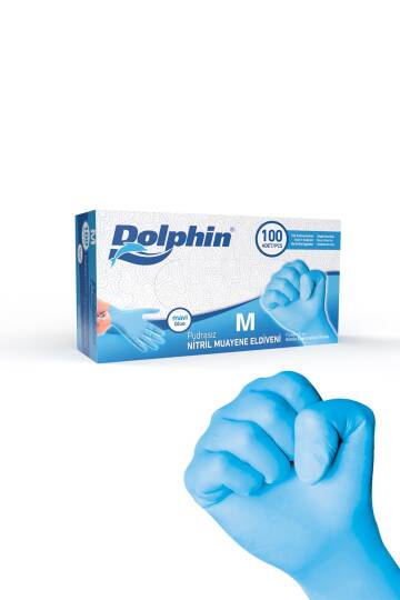 Dolphin Pudrasız Mavi Nitril Muayene Eldiveni M Beden 100 Adet -MDR