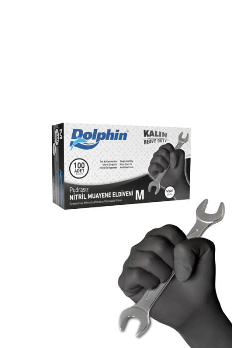Dolphin Siyah Nitril Eldiven Pudrasız Ekstra Kalın M Beden 100 Adet -MDR - 1