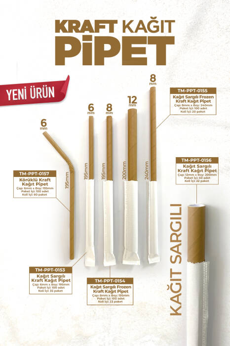 Roll-Up Frozen Kraft Kağıt Pipet Kağıt Sargılı 8mm x 24cm - 100 Adet - 4