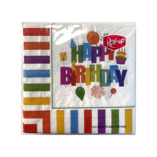 Roll-Up Kağıt Peçete Renkli Doğum Günü 33x33cm 20 Adet